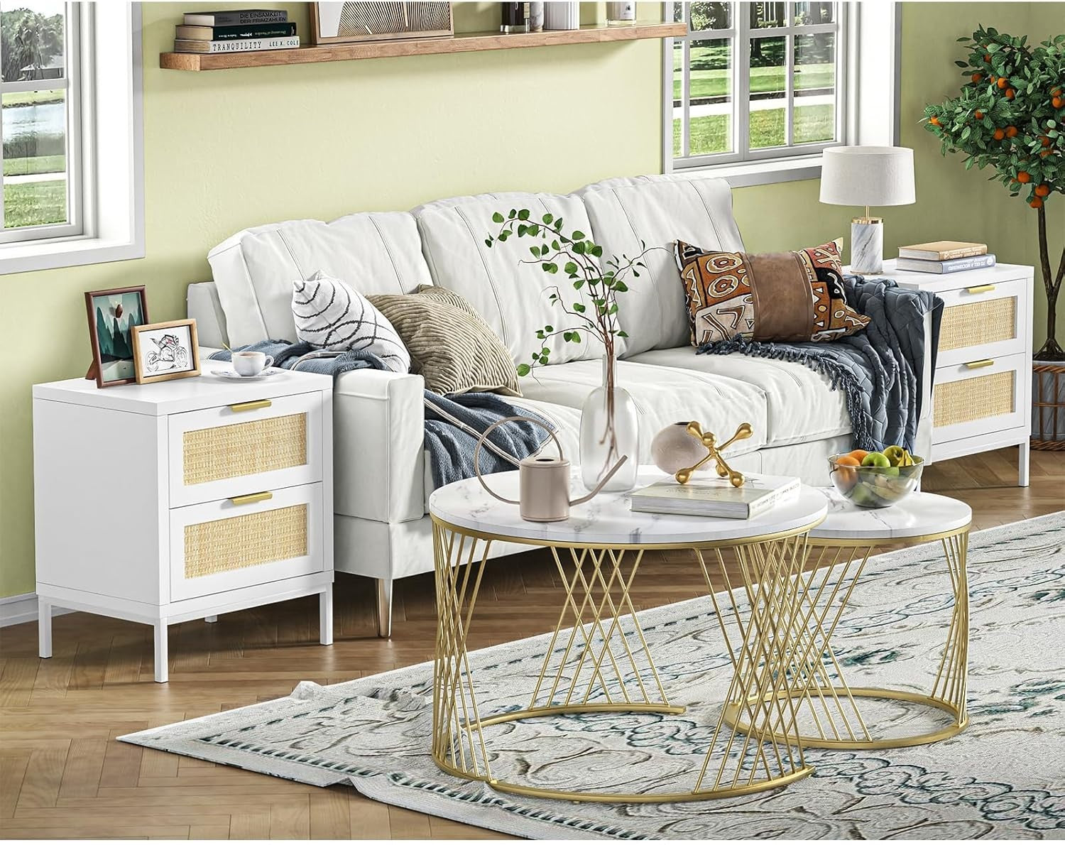 Set of 2 White Rattan Bedside Tables with Drawers – Modern Scandi Style