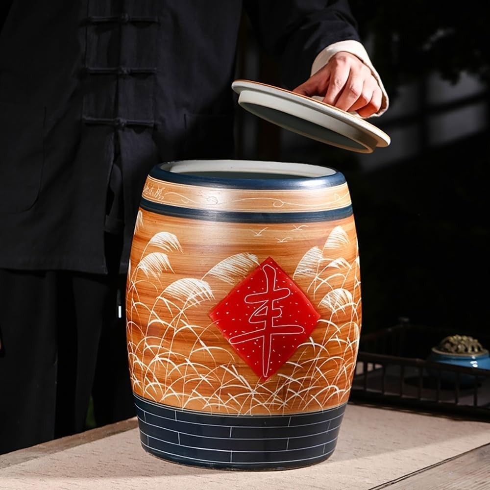 10KG Ceramic Rice Storage Jar Sealed Porcelain Grain Container Lid