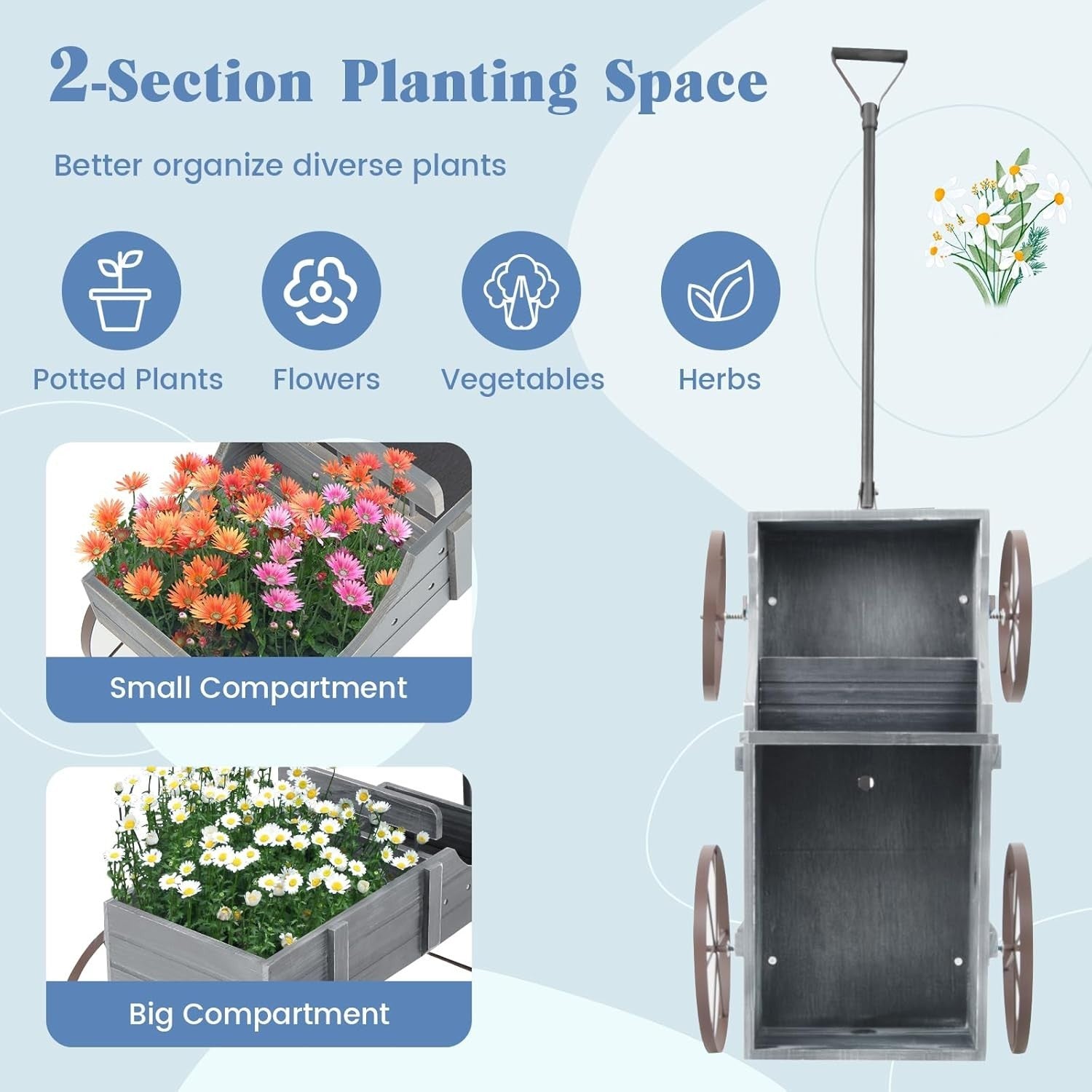 Decorative Wooden Garden Wagon Planter Cart with Wheels Rotatable Handle Grey