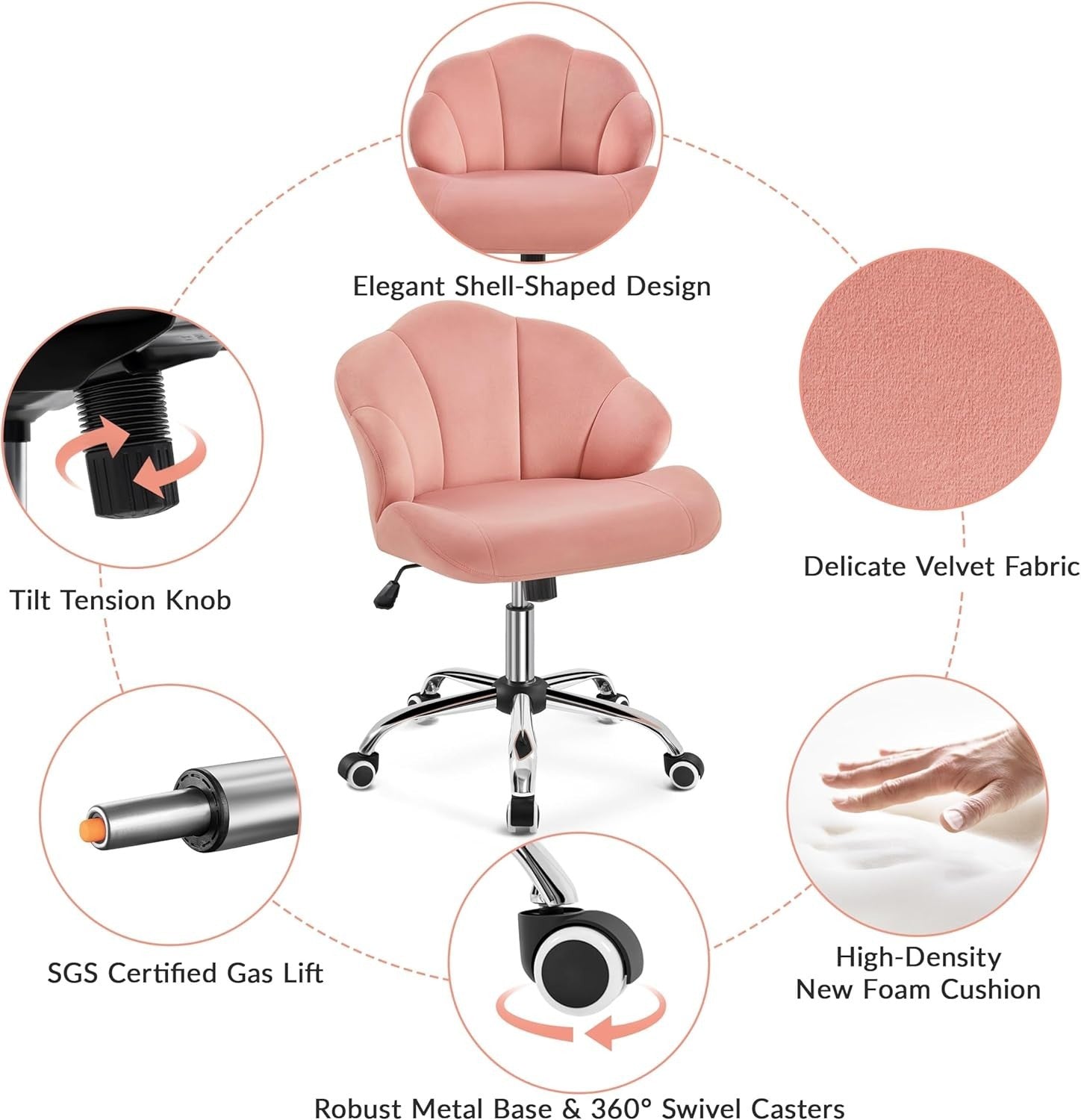 Pink Velvet Shell Back Swivel Vanity Chair w/ Wheels Adjustable Desk Seat