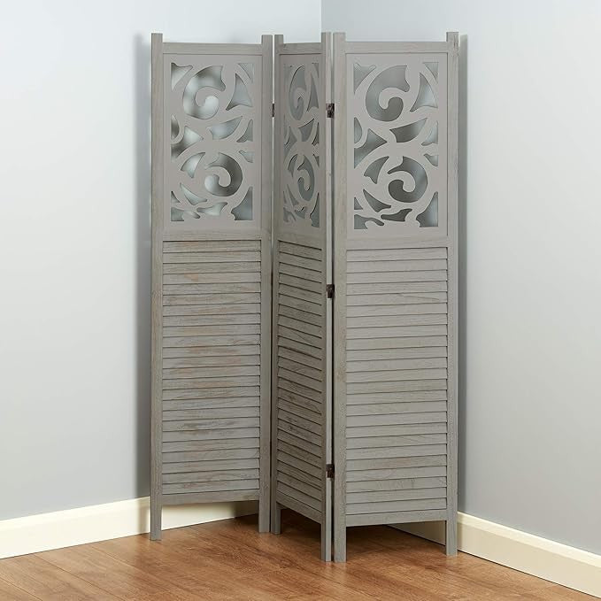 Grey Wooden Room Divider 3 Panel Folding Screen – Rustic Privacy Partition Decor