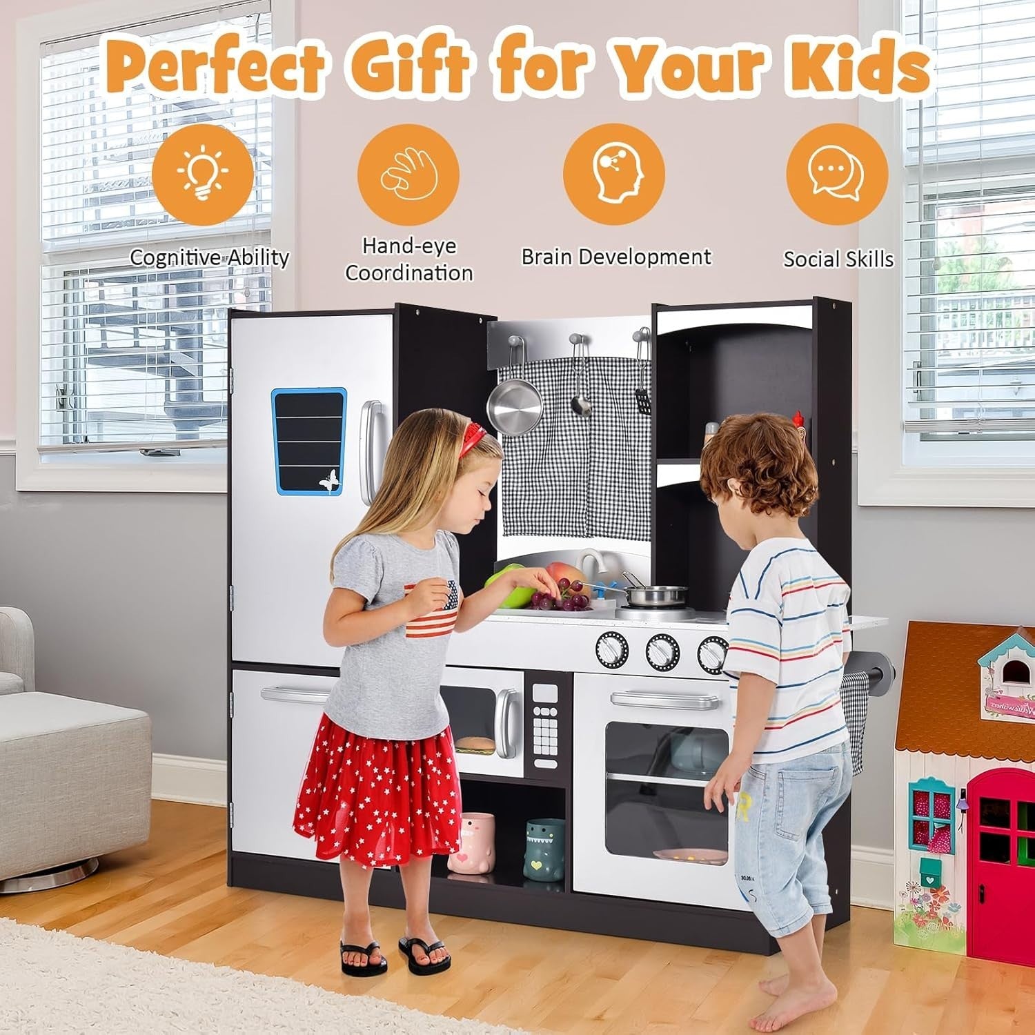 Wooden Kids Play Kitchen Pretend Cooking Set w/ Fridge Oven Sink