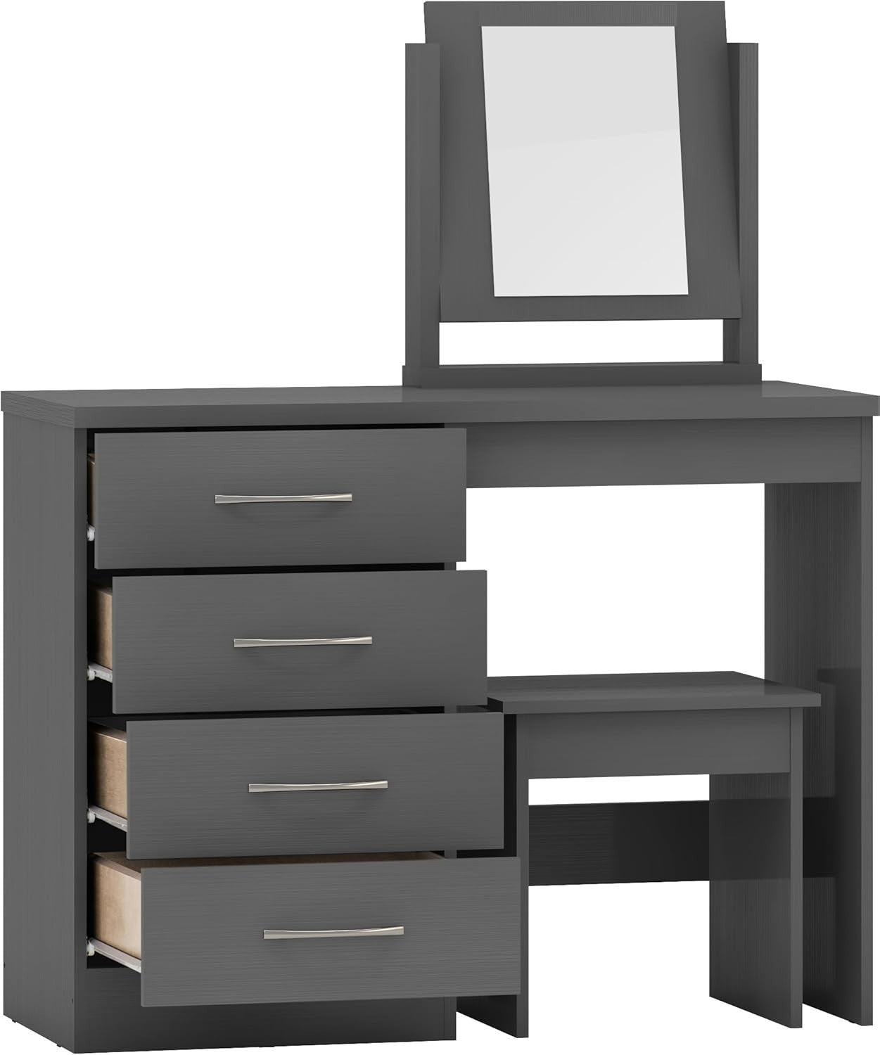 Modern Grey 4-Drawer Dressing Table Set Vanity Mirror & Stool Bedroom Furniture
