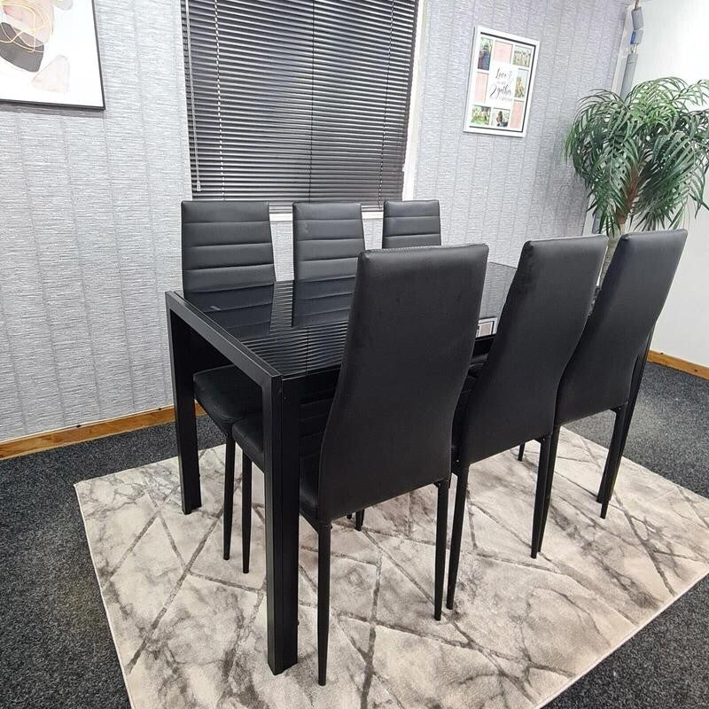 Black Glass Dining Table Set with 6 Leather Chairs Modern 6 Seater 134cm