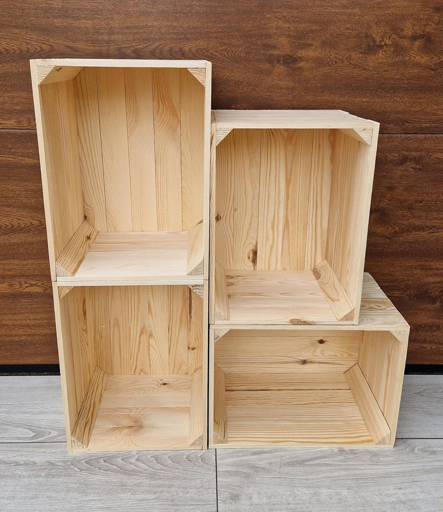 4 x Brown Wooden Crates 29x24x39cm Rustic Handcrafted Storage Box Set