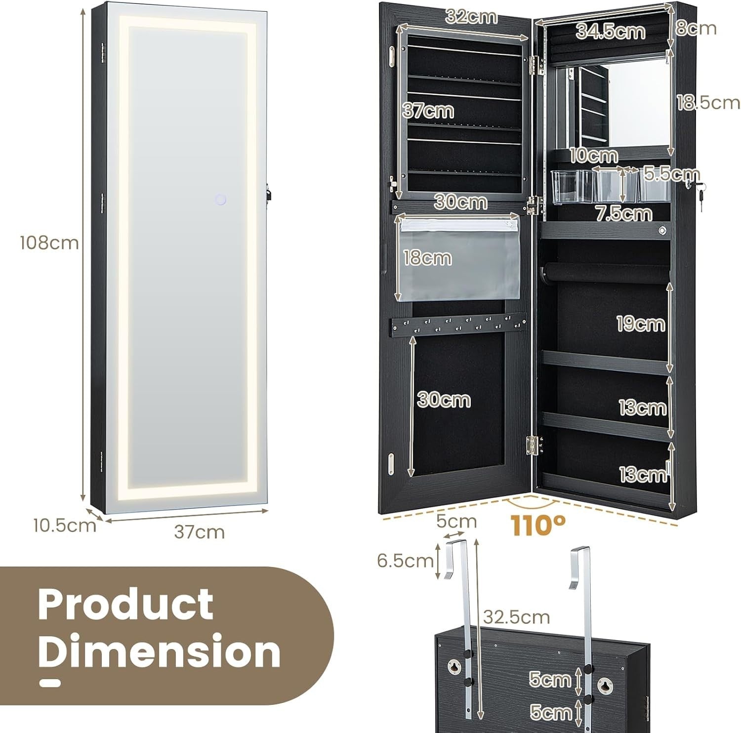 LED Jewelry Armoire Wall Door Mounted Lockable Mirror Storage Black