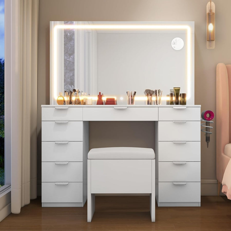 White Makeup Vanity Dressing Table Desk 11 Drawers Mirror LED Light Station