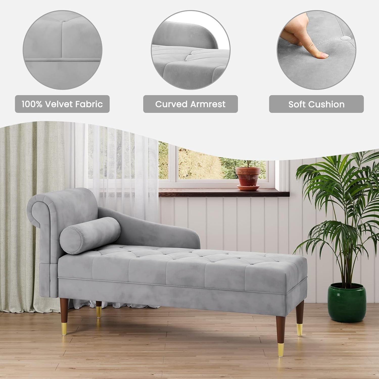 Luxury Grey Velvet Chaise Lounge Sofa Left Armrest – Space-Saving & Comfy