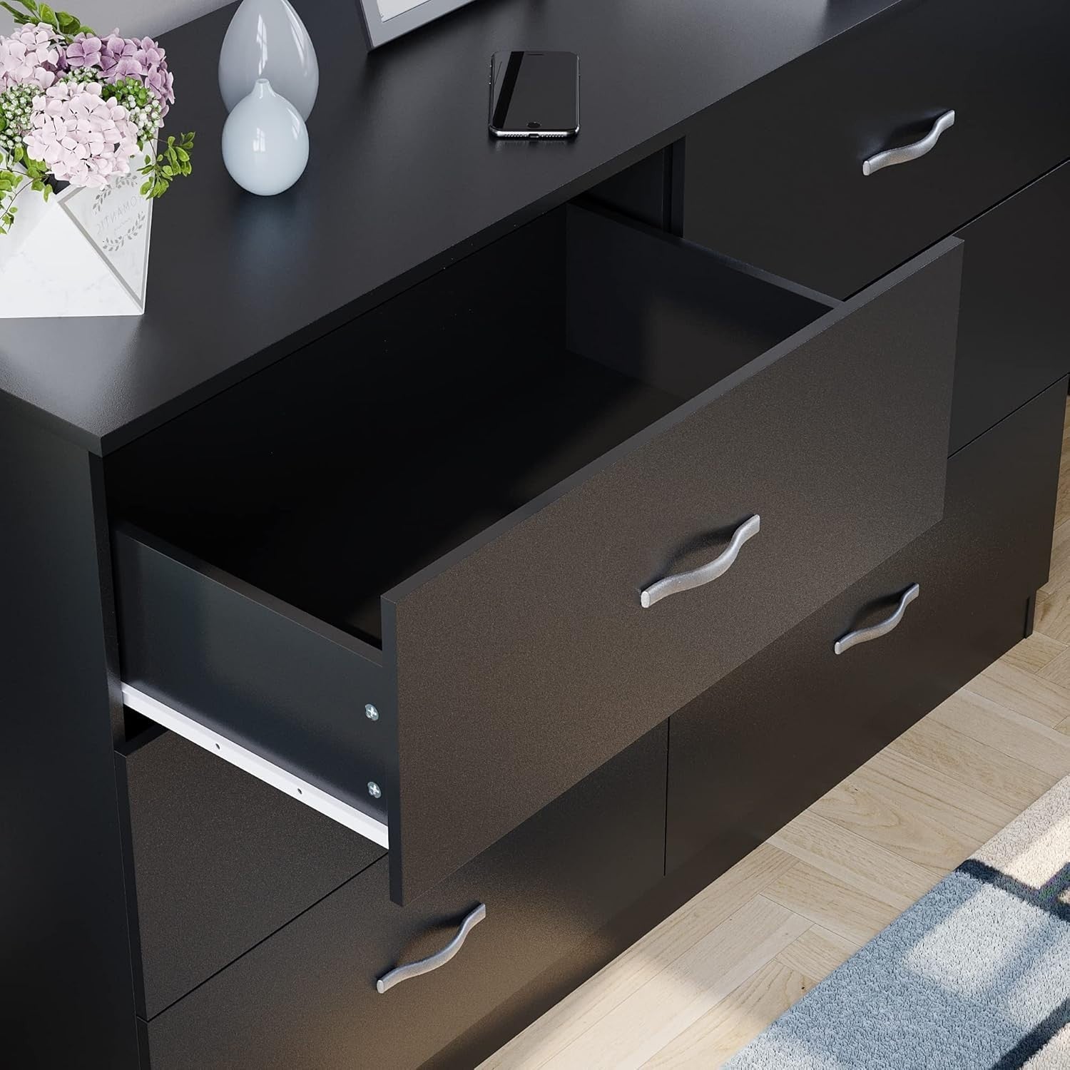 Black 6 Drawer Wide Chest Bedroom Storage Cabinet Unit Modern