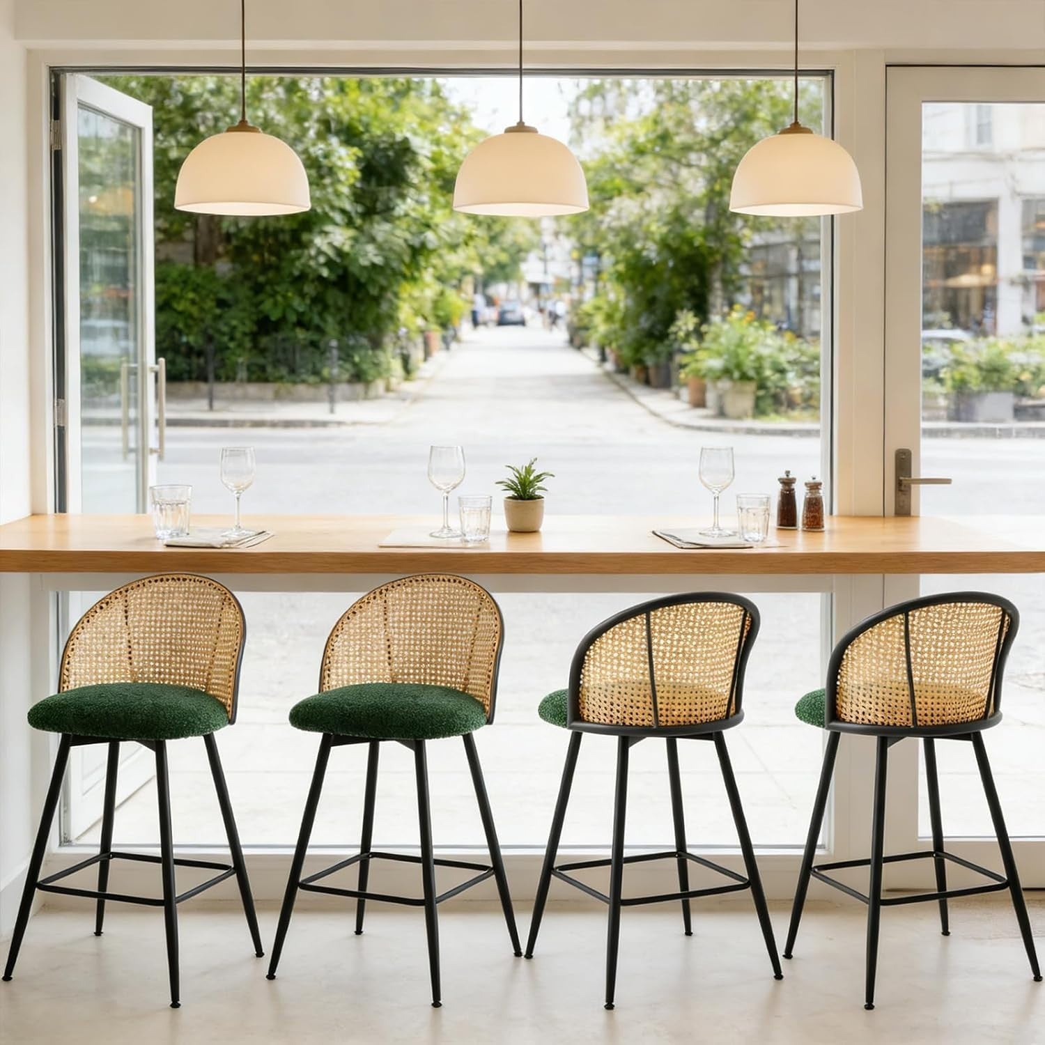 360° Swivel Counter Stools Set of 2 Rattan Upholstered Kitchen Island Seats