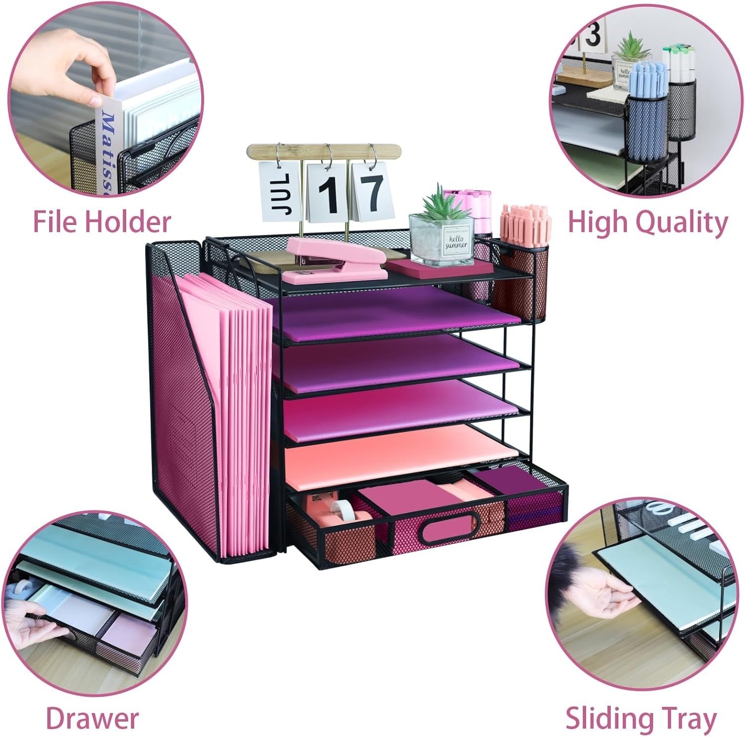 6-Tier Metal Desk Organizer with Drawer Pen Holders File Trays Black