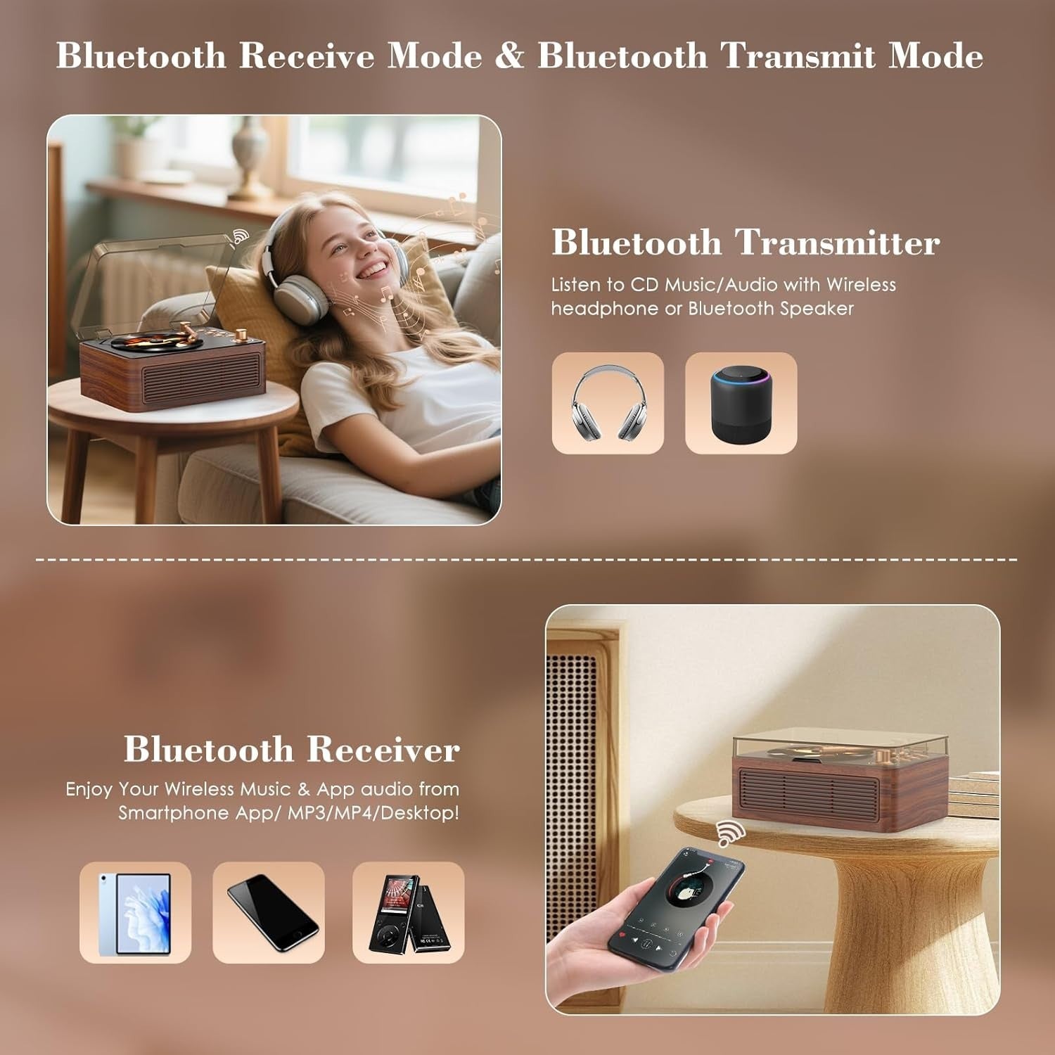 Retro Bluetooth CD Player FM Radio USB AUX HiFi Speakers Walnut