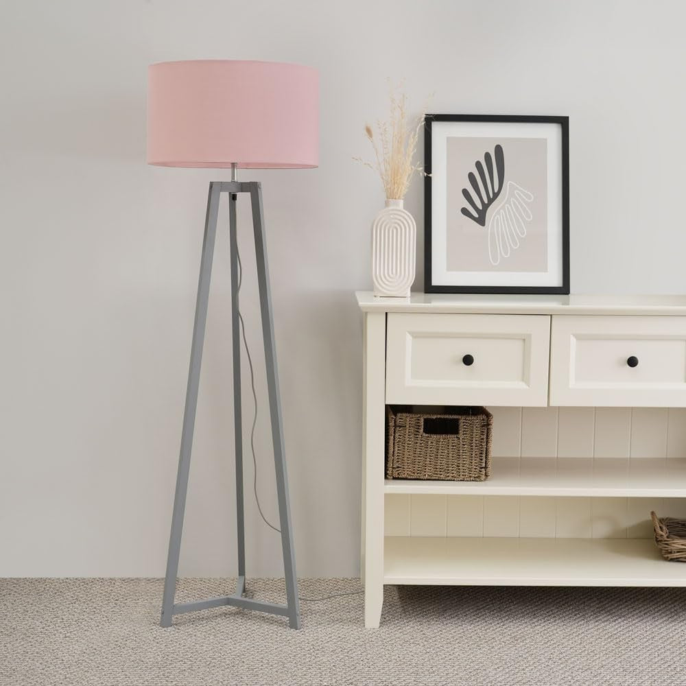 Grey Wooden Tripod Floor Lamp Blush Pink Drum Shade LED Light