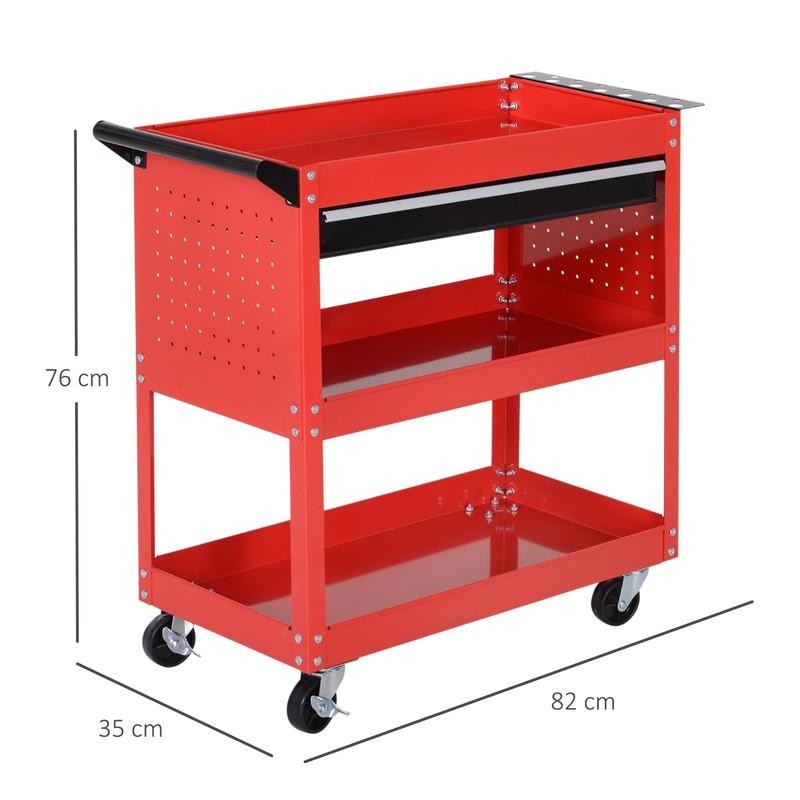 3-Tier Tool Trolley Cart with Drawer | Red Garage Workshop Storage Unit
