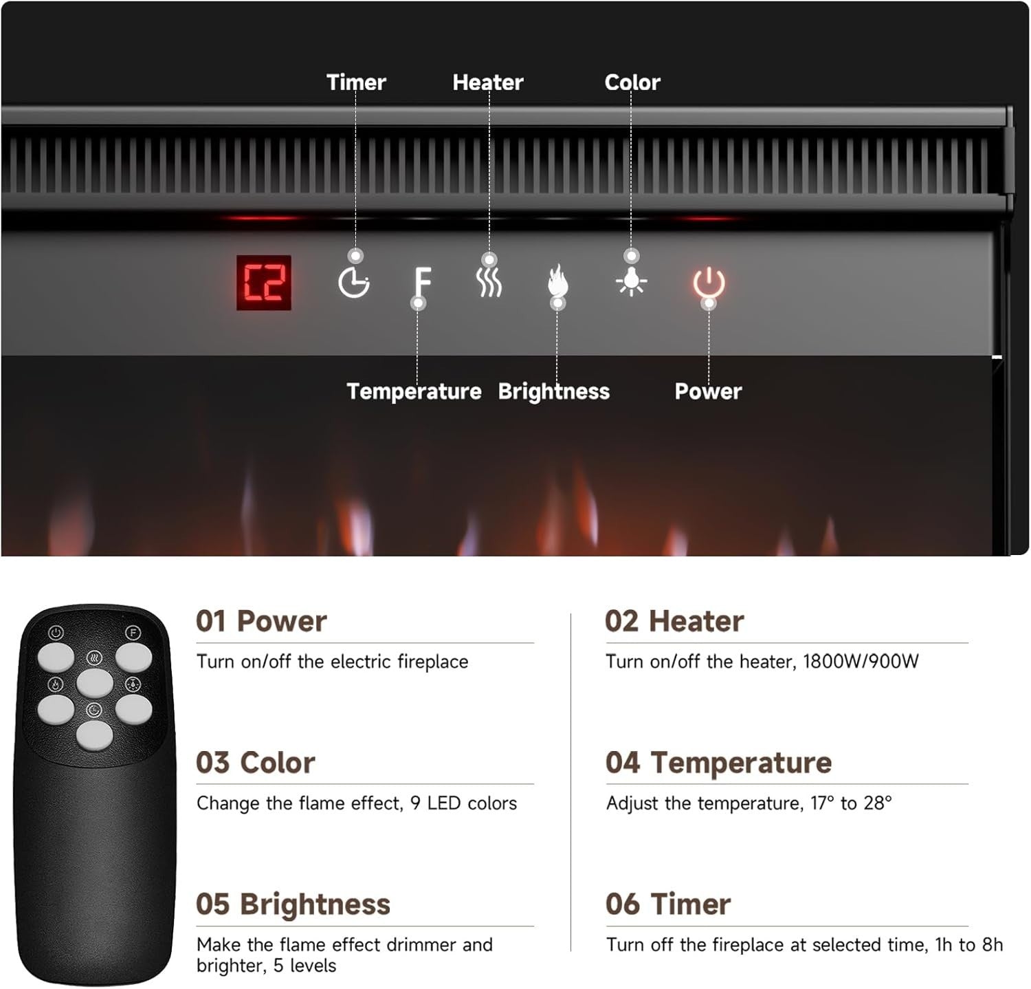 80" Wall Recessed Electric Fireplace LED Fire Heater 9 Flame Colours