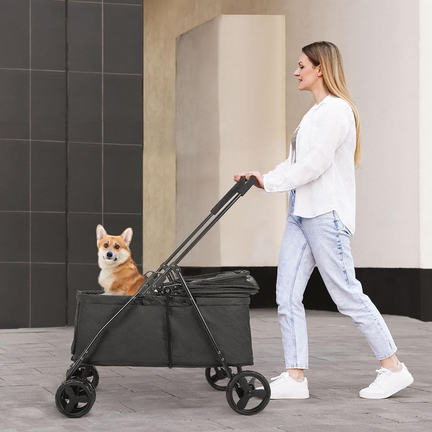 Dog Travel Stroller Heavy Duty 4 Wheel Foldable Jogger Pram Black