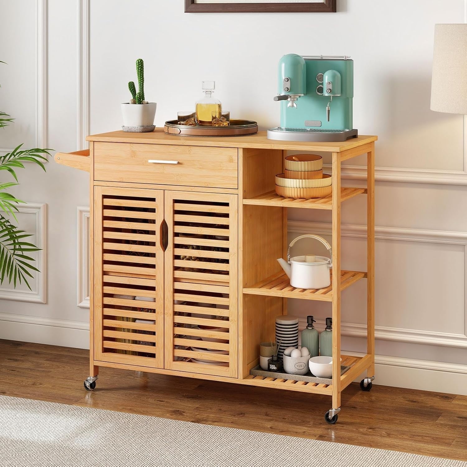 Bamboo Rolling Kitchen Island Cart 104cm Storage Cabinet