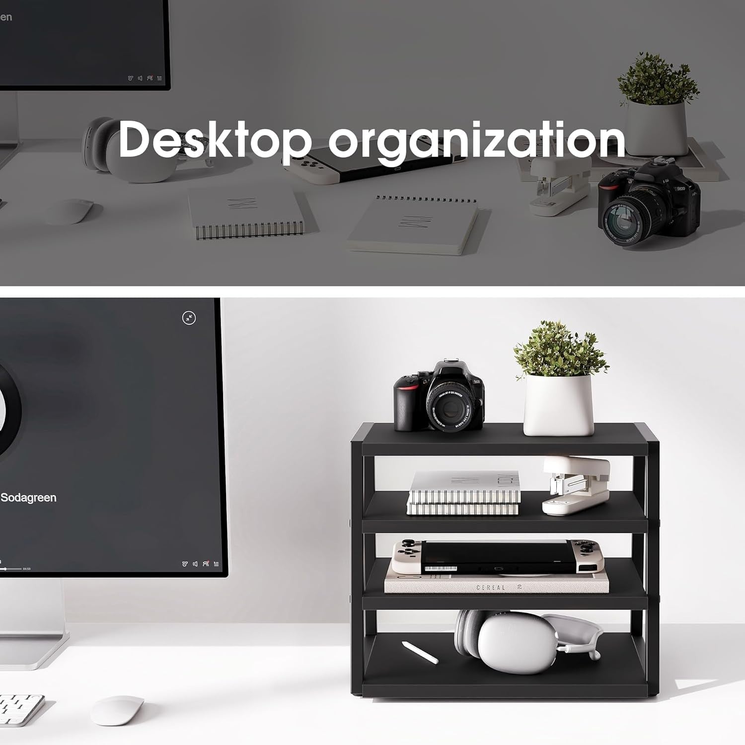 4 Tier Desk File Organizer A4 Paper Tray Wood Metal Office Shelf Black