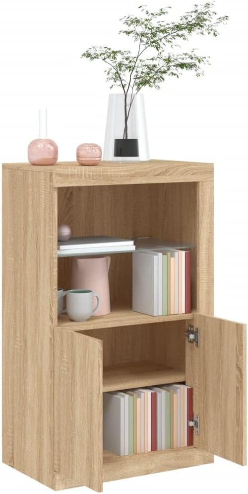 Modern Sonoma Oak Side Cabinet with LED Lights & Glass Shelf – Stylish Storage