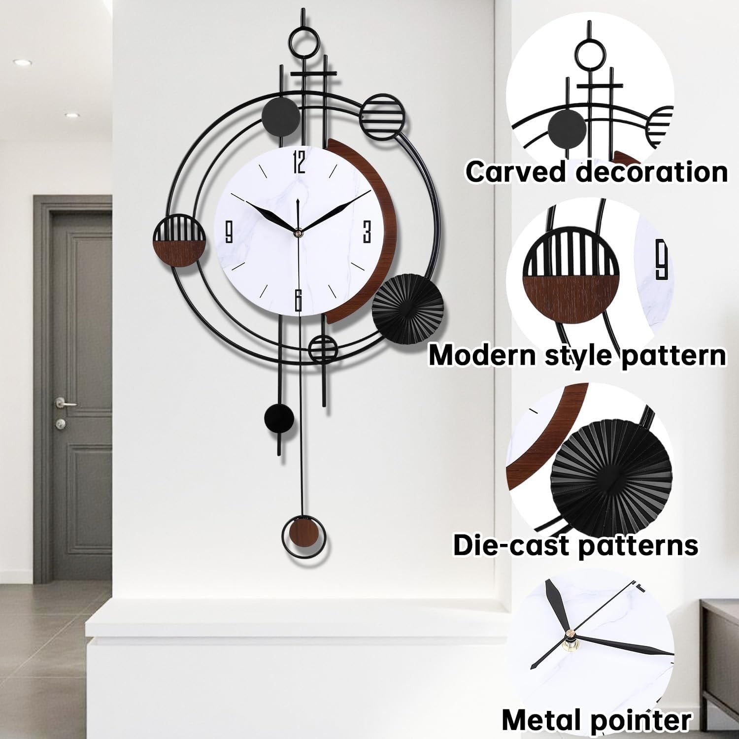 37×71cm Black Pendulum Wall Clock – Silent Quartz Modern Large Decorative Design
