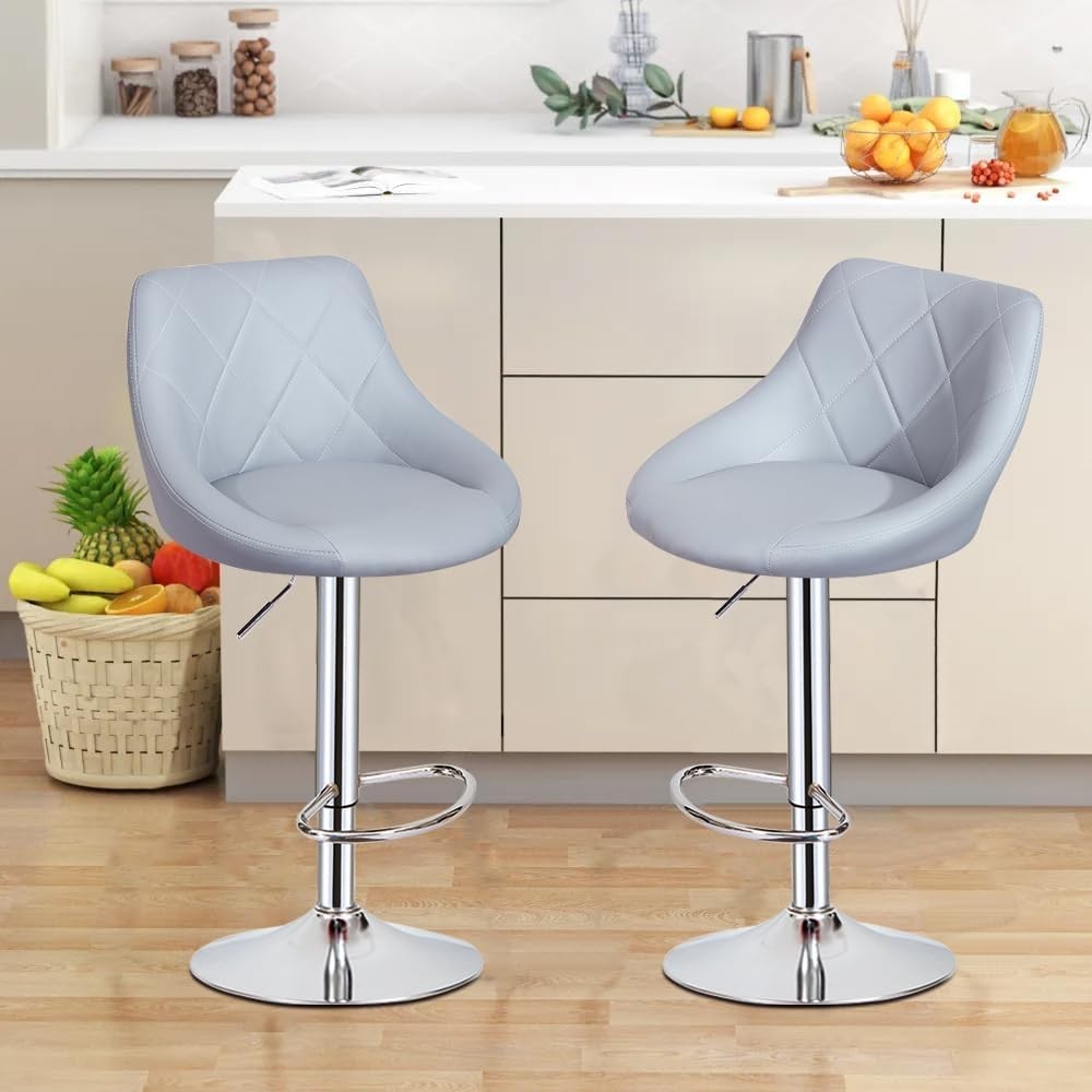 Grey Faux Leather Bar Stool Adjustable Swivel Mid Back Pub Chair