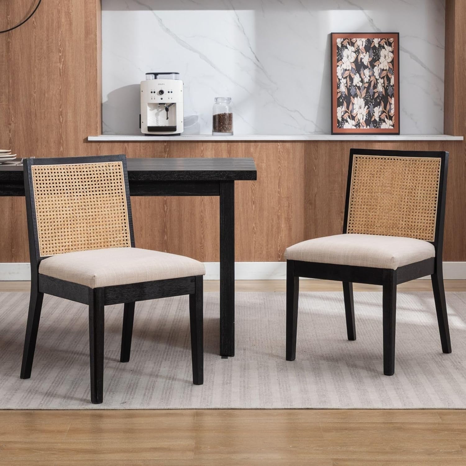 Set of 2 Black Rattan Dining Chairs Upholstered Linen Seat Wooden Frame