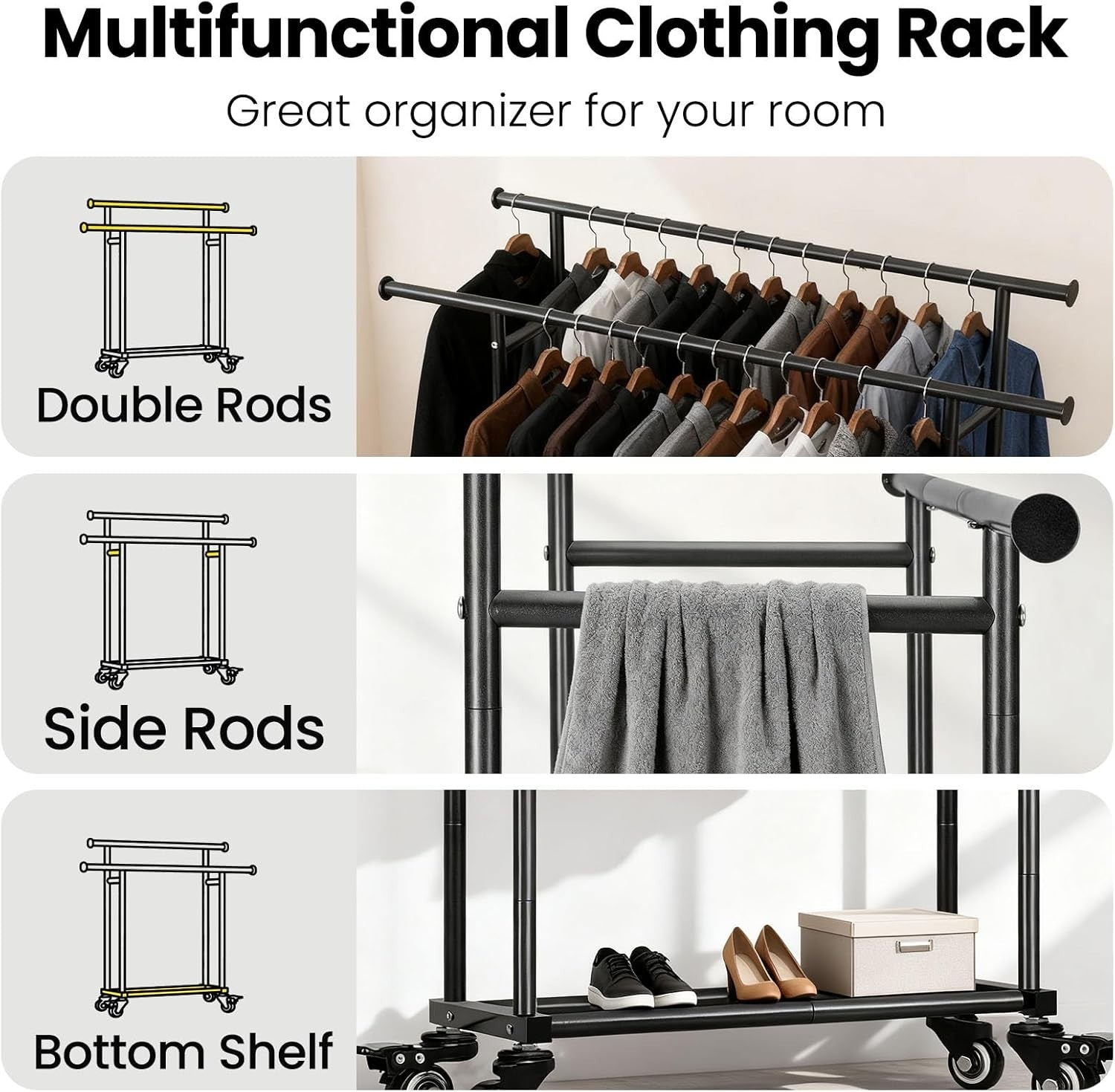 Heavy Duty Double Rail Clothes Rack with Wheels & Shelf – Black