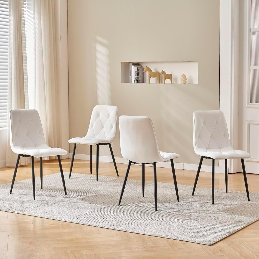 Round Glass Dining Table Set 4 White Velvet Chairs Modern Compact Kitchen