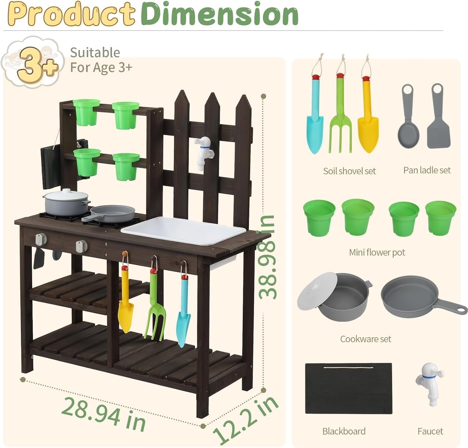 Outdoor Wooden Mud Kitchen Kids Garden Playset Sink Pots Toy