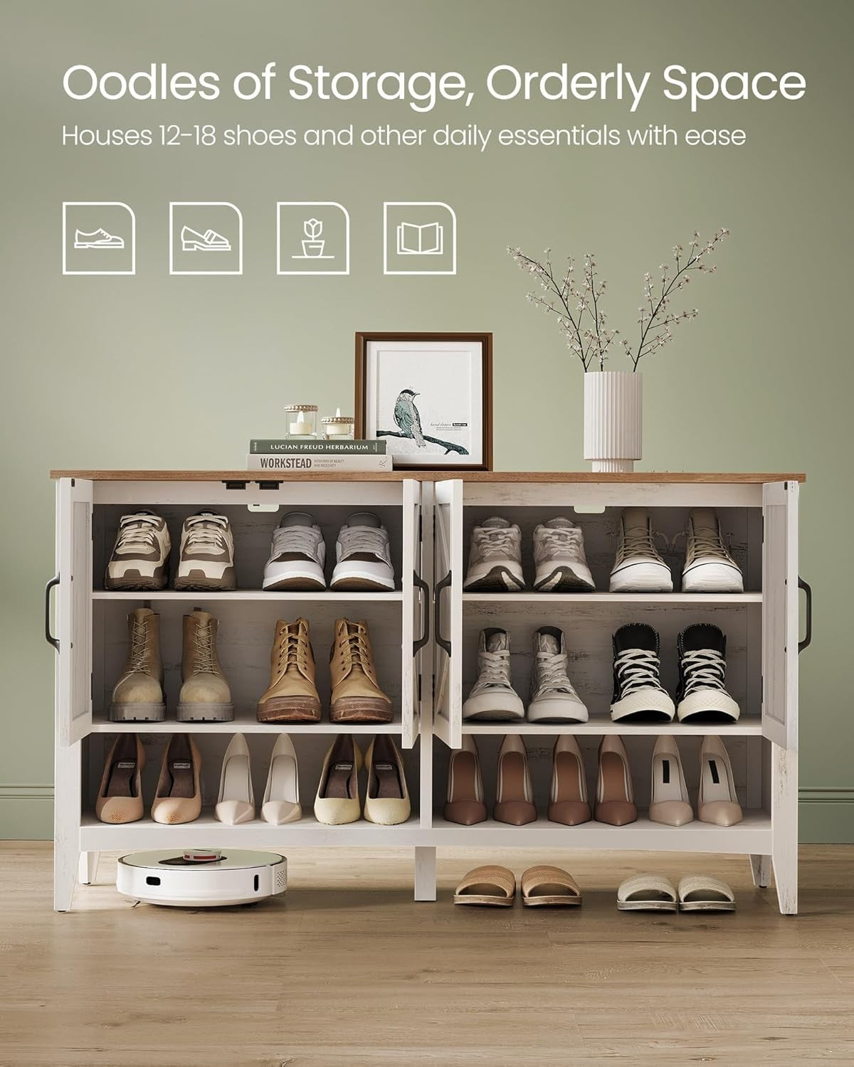 Rustic White Shoe Cabinet 120x35x70.5cm Adjustable Shelf 12-18 Pairs Storage