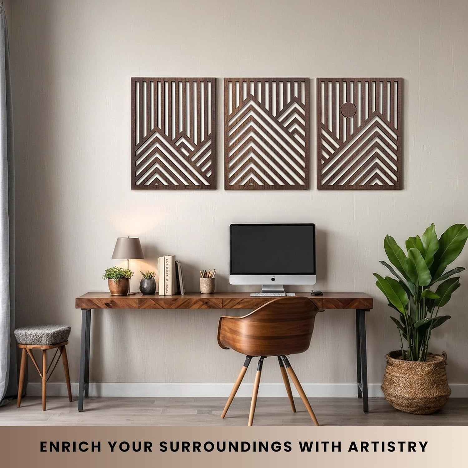 Modern Wooden Wall Art Set of 3 Large Mountain Sun Sculptures