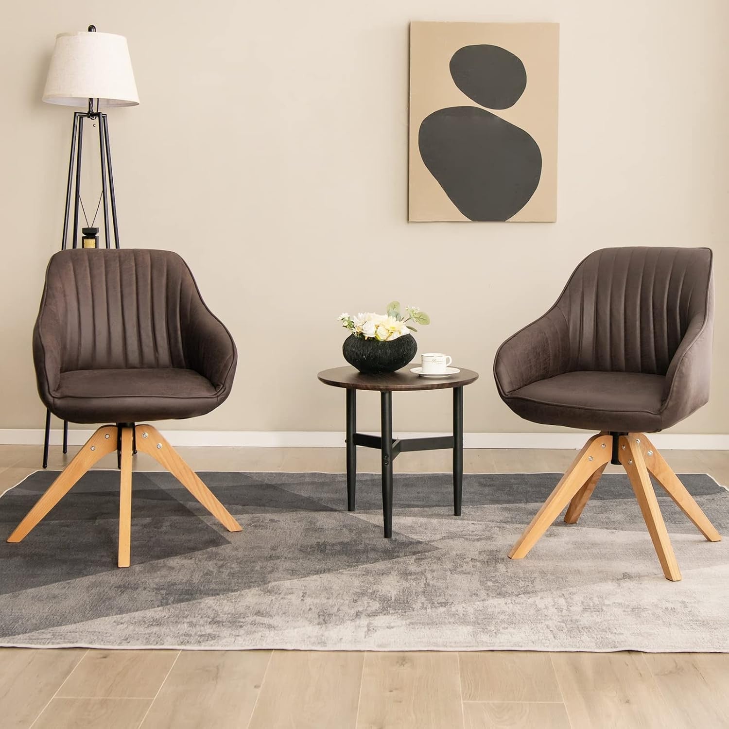 Set of 2 Brown Swivel Desk Chairs Tub Armchairs Wooden Legs