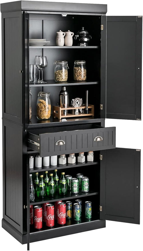 Black Tall Kitchen Cupboard 183cm Pantry Storage Cabinet Unit Shelves
