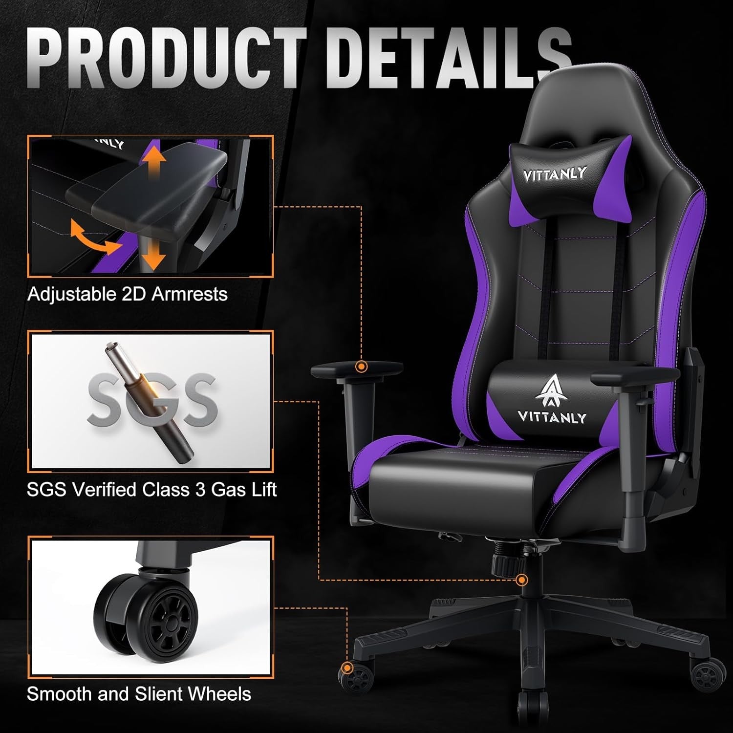 Ergonomic Gaming Chair Reclining Swivel PC Desk Chair Purple