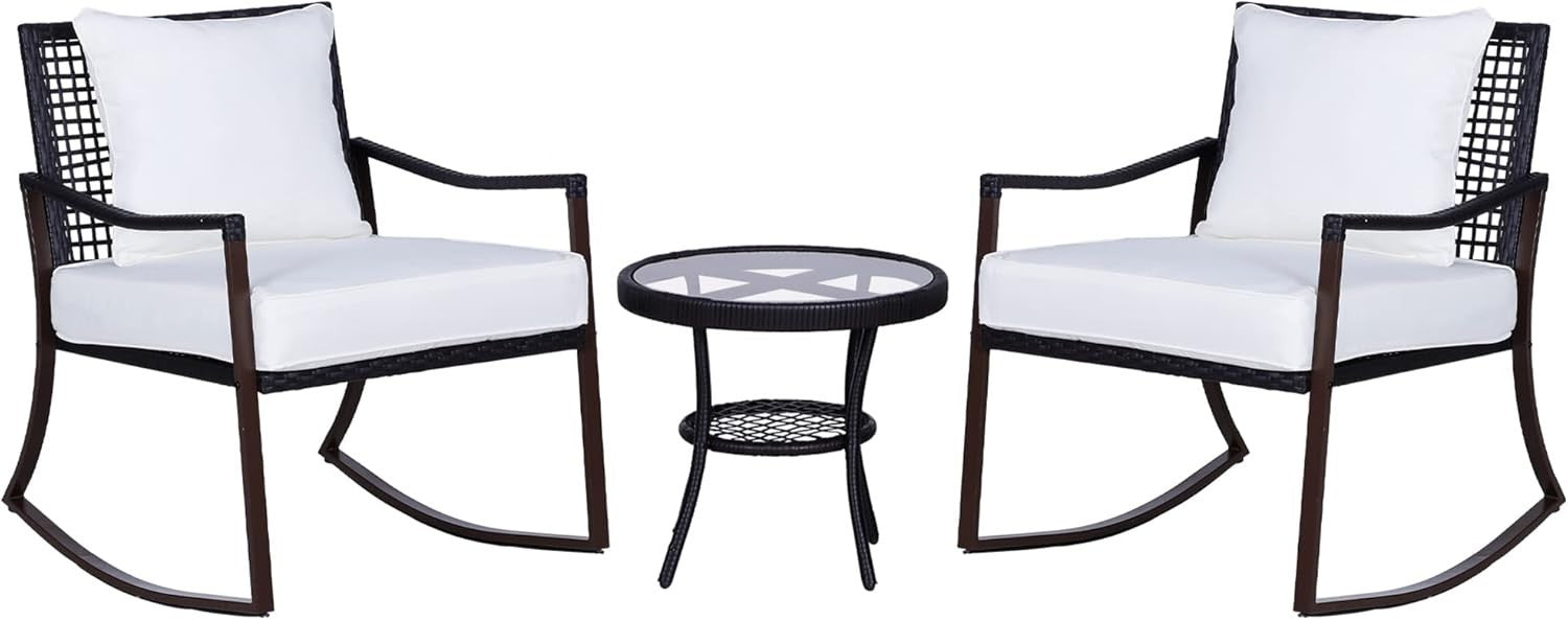 Rocking Rattan Bistro Set 3PC Armchairs Round Glass Table Cushioned Patio