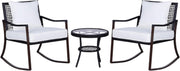 Rocking Rattan Bistro Set 3PC Armchairs Round Glass Table Cushioned Patio