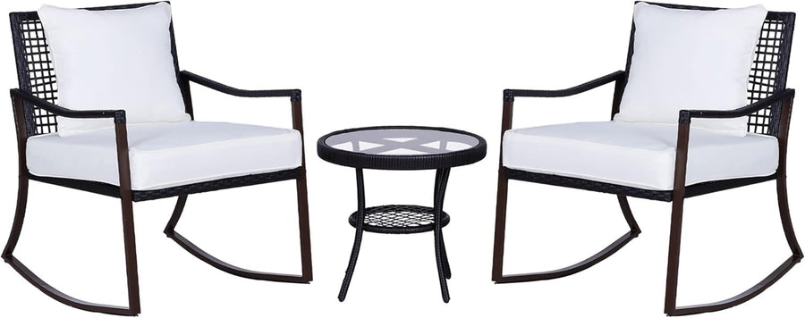Rocking Rattan Bistro Set 3PC Armchairs Round Glass Table Cushioned Patio