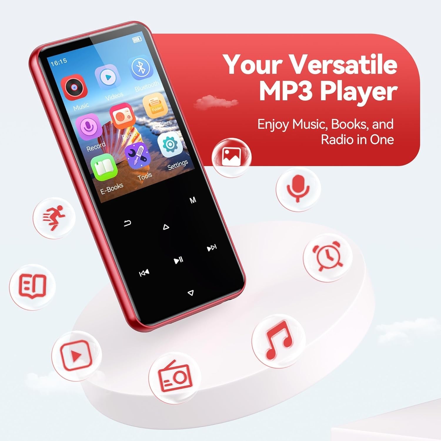 64GB MP3 Player Bluetooth 5.3 2.4" Screen FM Speaker Red