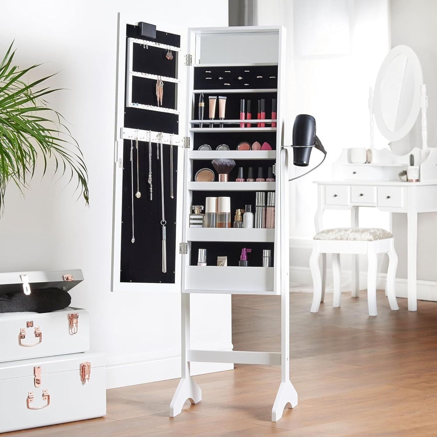 White LED Mirror Jewelry Cabinet Freestanding Tilting Storage Armoire