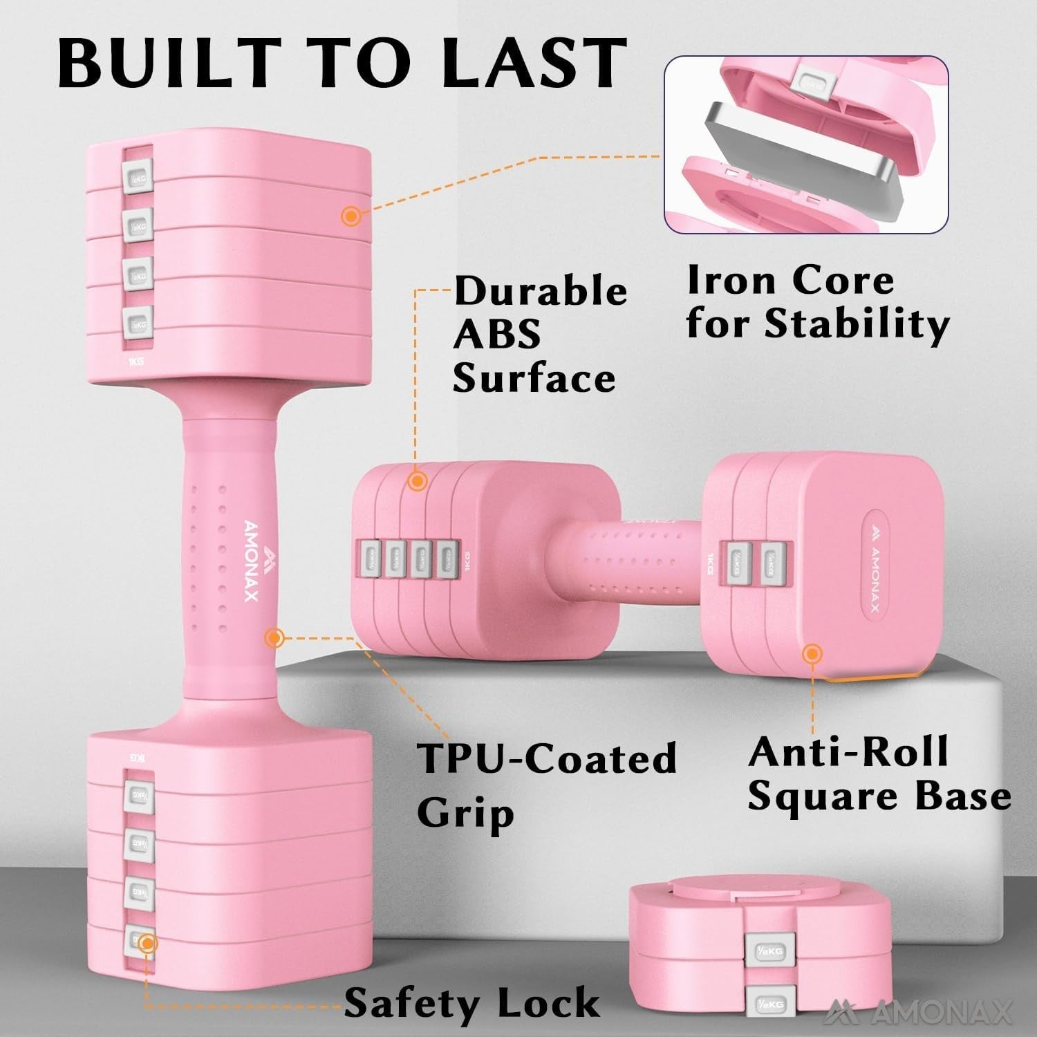 Pink Adjustable Dumbbells Pair 1–5kg 5-in-1 Quick Lock Non-Slip Home Gym