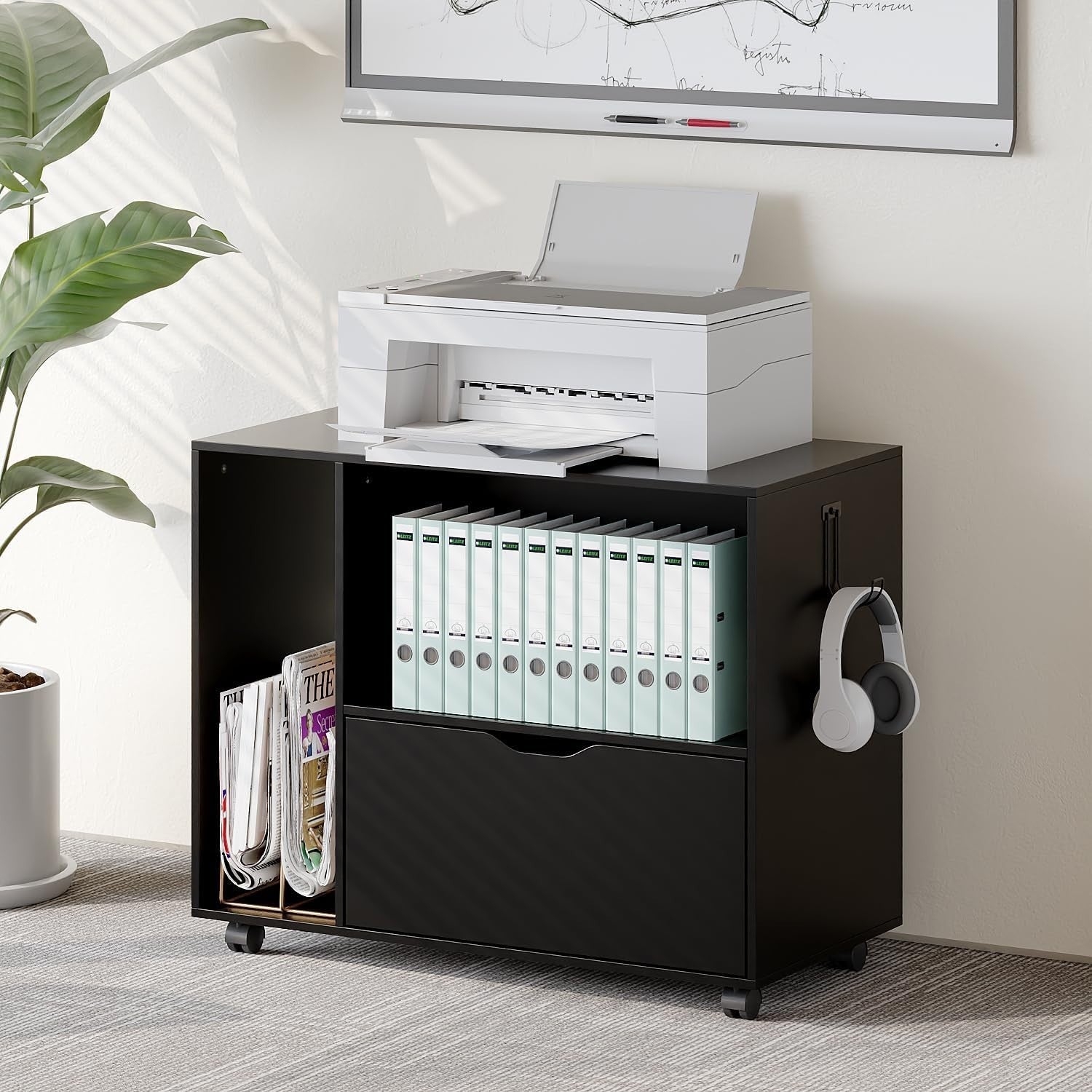 Black Mobile File Cabinet 80cm Rolling Printer Stand Storage