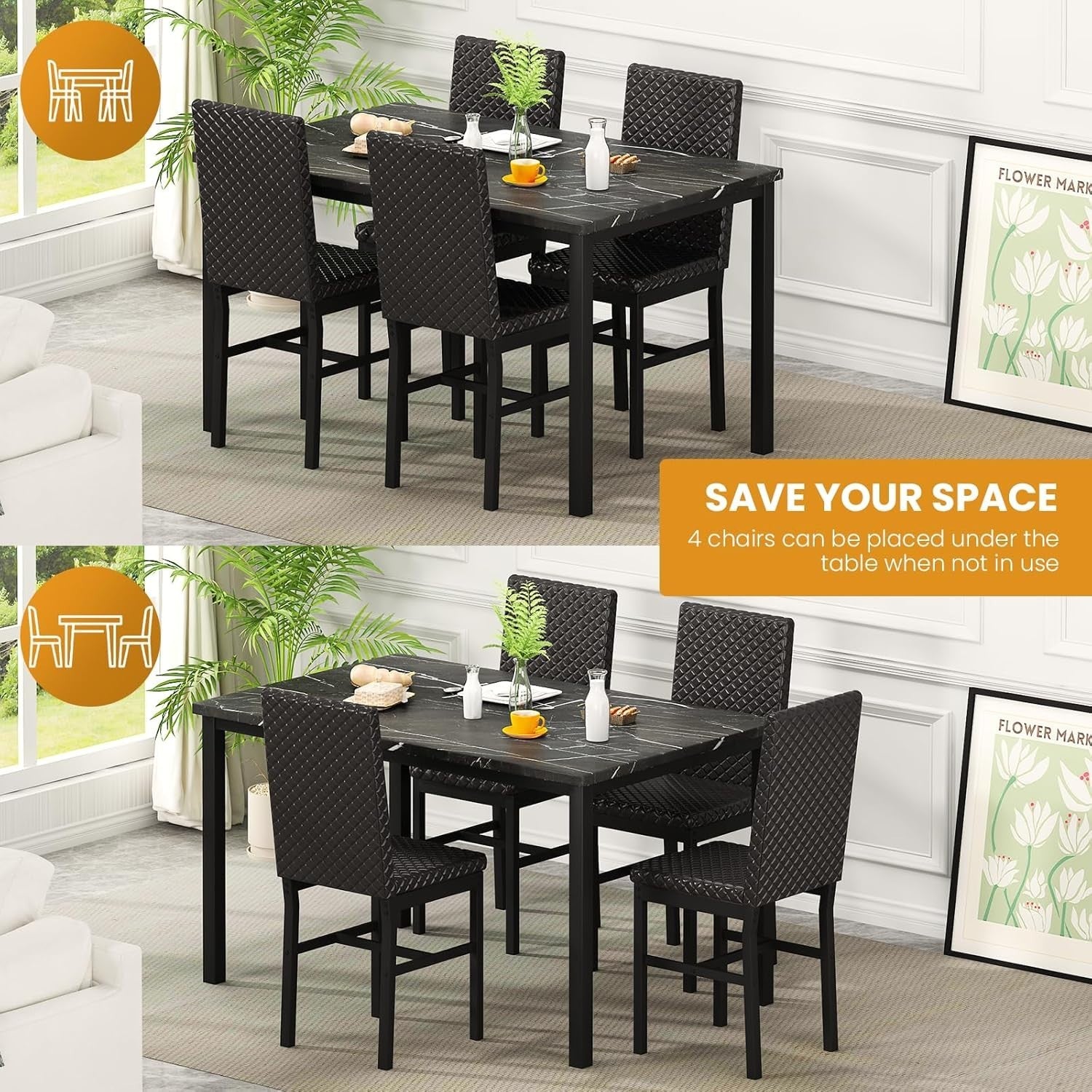 5-Piece Dining Table & 4 Chairs, Faux Marble Top, Modern Kitchen Set, Black