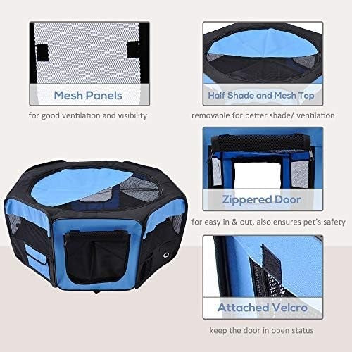 Portable Foldable Pet Playpen with Carry Bag, Outdoor Puppy Tent Blue