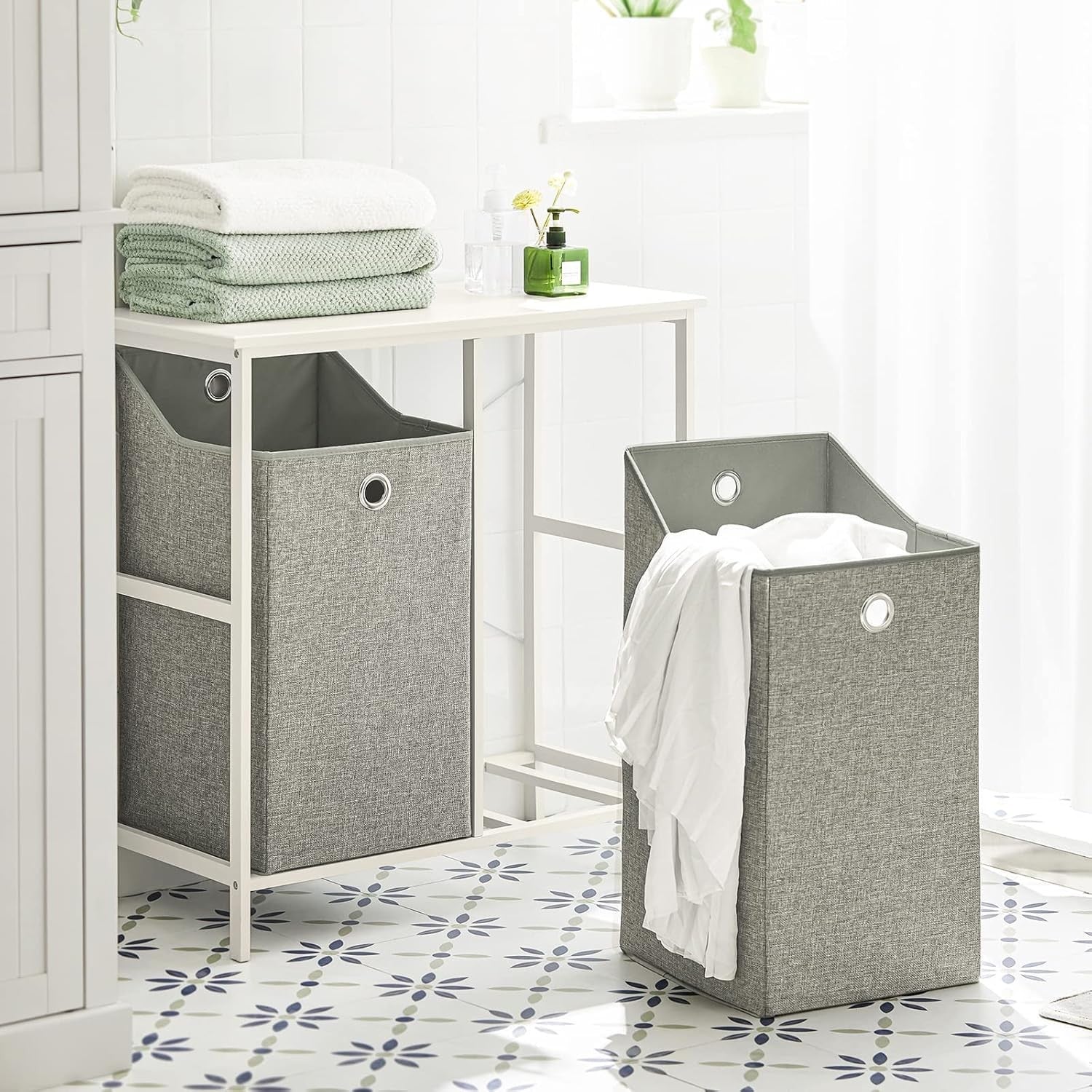 Slim Bathroom Laundry Cabinet with 2 Foldable Baskets Storage Unit Organizer