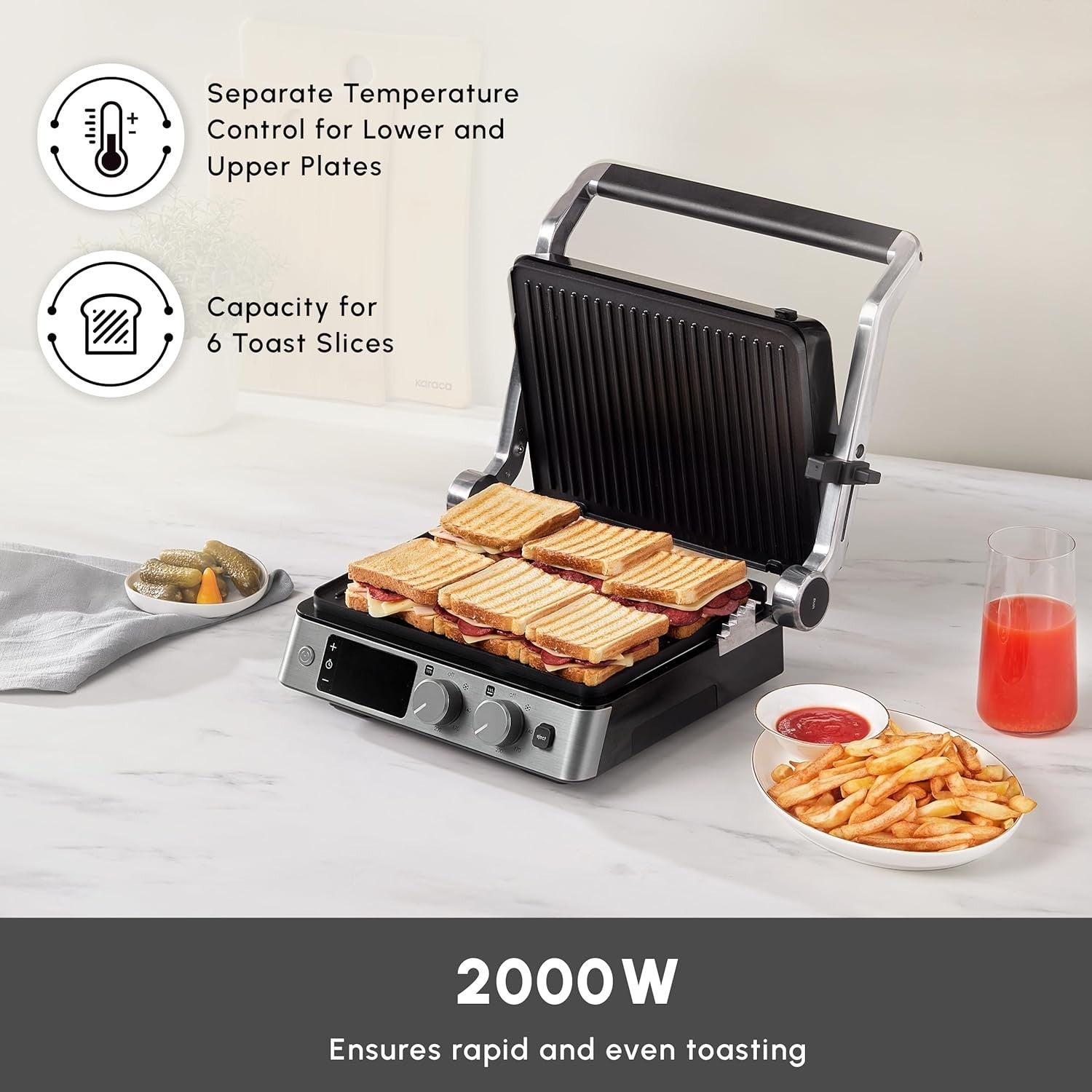 3-in-1 Sandwich Toaster Grill 6-Slice 2000W LED Timer Adjustable Height