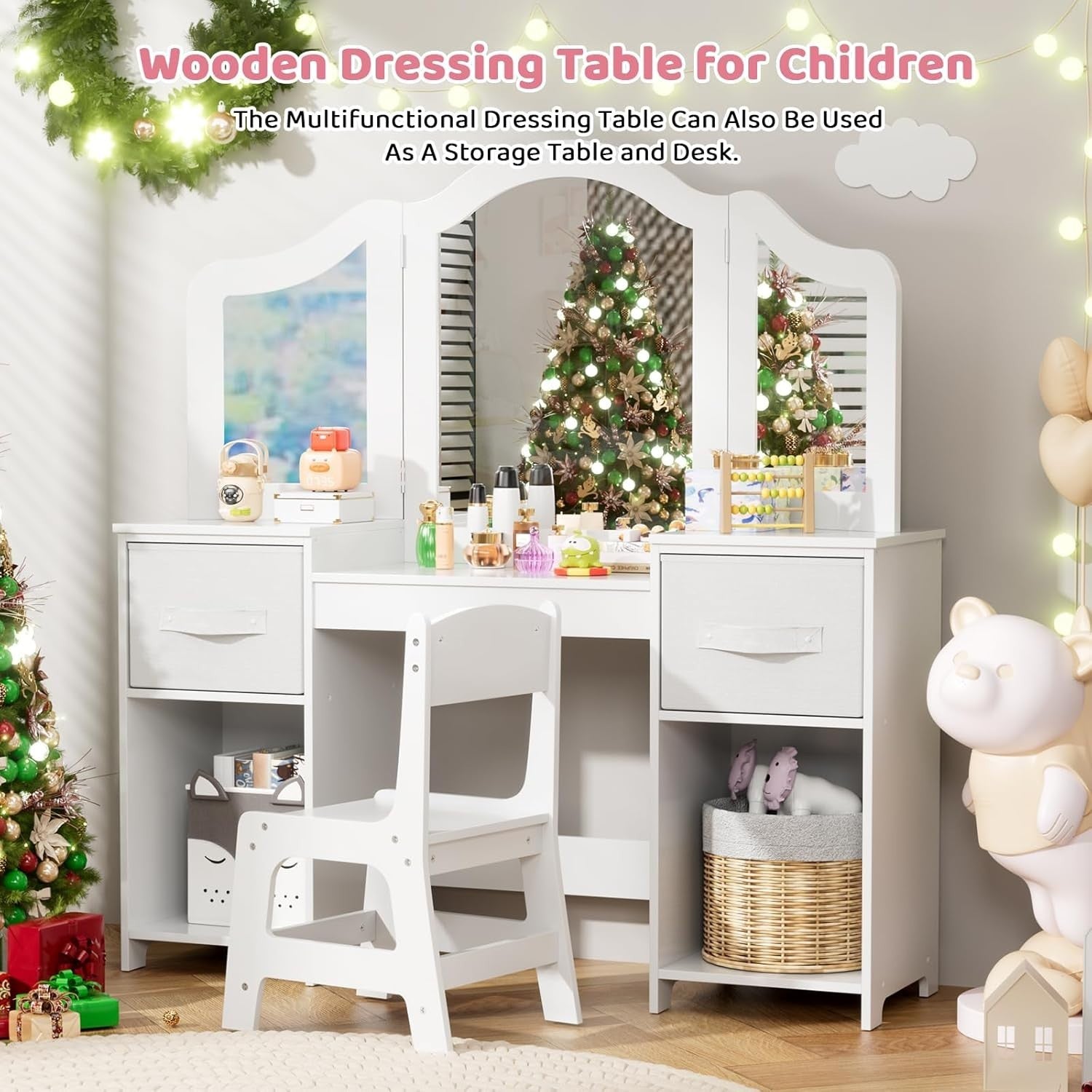 Kids Dressing Table Set with Chair, Tri-Fold Mirror & Storage Drawers White