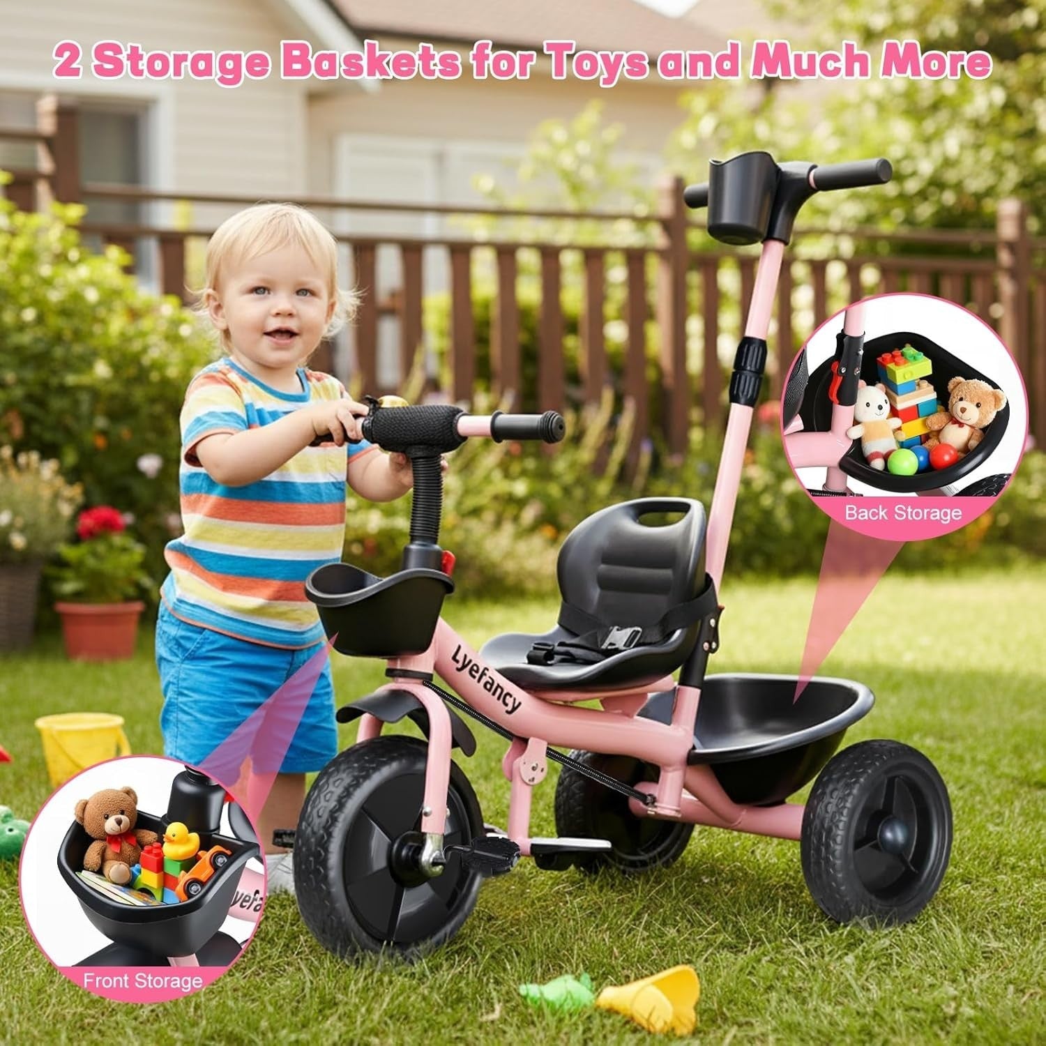 Kids Tricycle 2 In 1 Push Trike Parent Handle Adjustable Seat Basket Pink