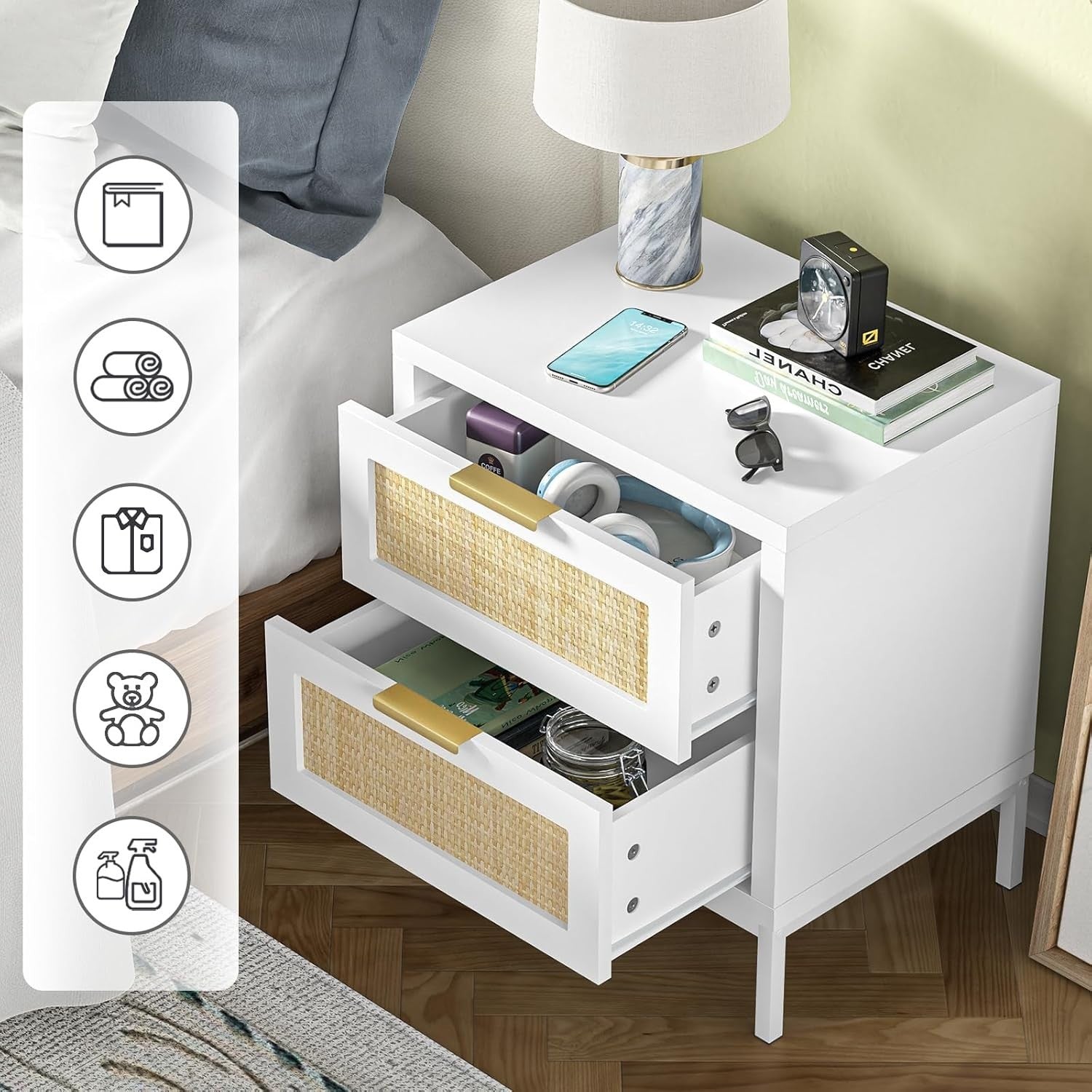 Set of 2 White Rattan Bedside Tables with Drawers – Modern Scandi Style