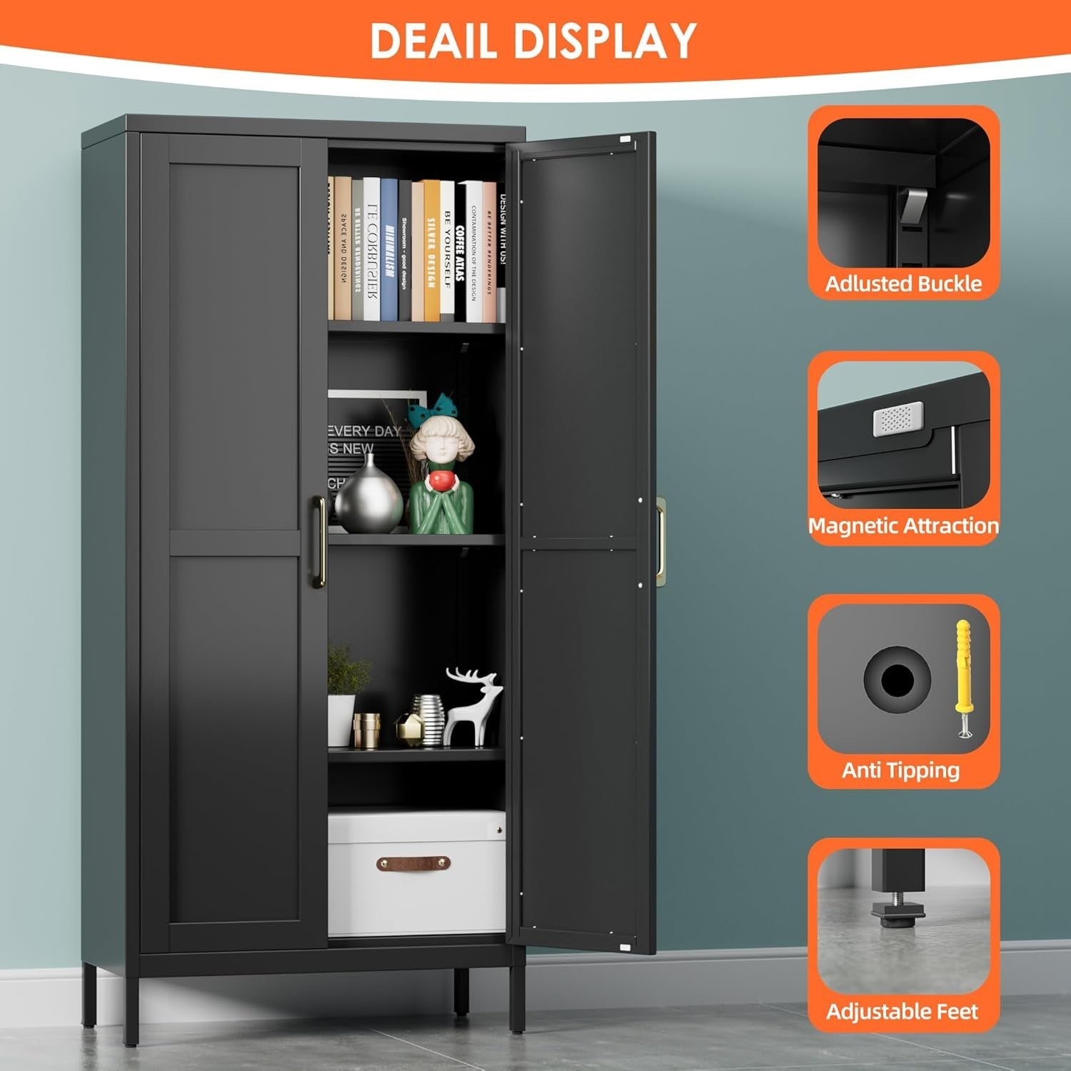 Black Metal Office Storage Cabinet 2 Doors Adjustable Shelves 155H