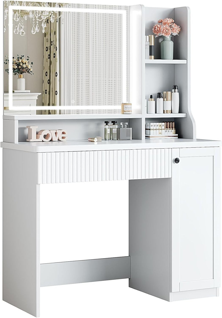 White Vanity Dressing Table Makeup Desk Mirror LED Light Storage Drawer Shelves